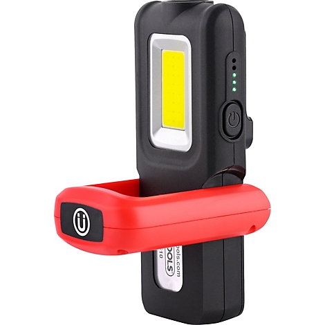 Zwarte werklamp met rode houder, rechthoekige LED-lamp en groene batterijstatus.